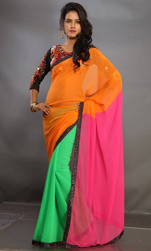 Farveblok Georgette Plain Saree