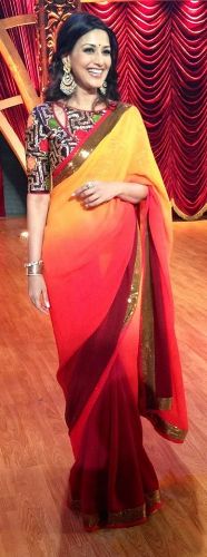 Almindelig Saris-gul og orange Ombre Sari 1