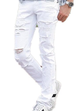 Destroyed Torn White Ripped Men Jeans