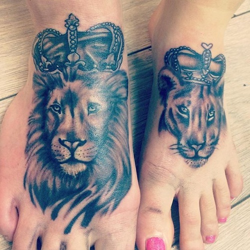 Lion King and Queen Croned Feet Tattoo