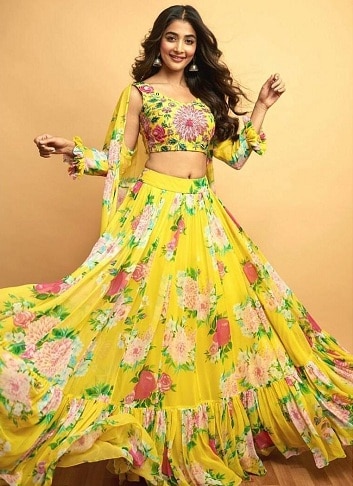 Gul blomsterprint Lehenga