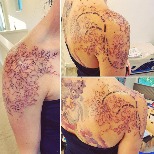 Omfattende dahlia skulder tatovering