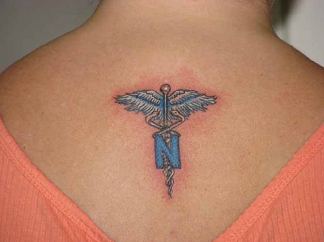 N Letter Tattoo med Caduceus