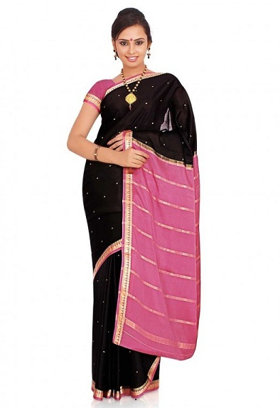 Fekete és rózsaszín Mysore selyemtervező Saree