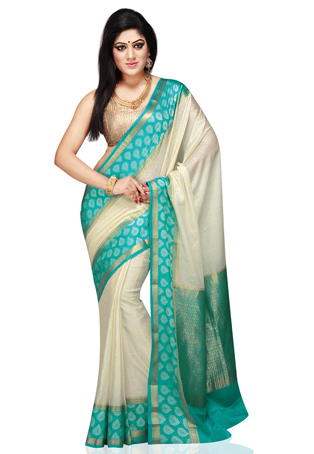 Krém és Aqua Blue Mysore Silk Sari