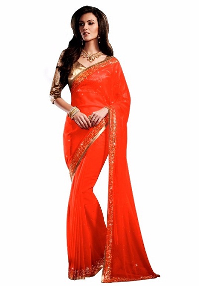 Beige Satin Designer Golden og Orange Saree