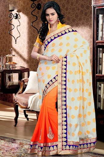 The Orange Saree With off White print