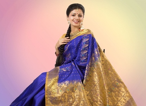 Blå og gylden håndvævet Bangalore Saree