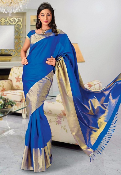 Blå Pure Bangalore Handloom Silke Saree