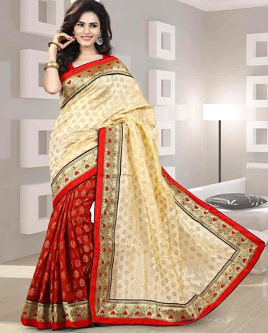Red And Cream Designer Chanderi Silk Saree