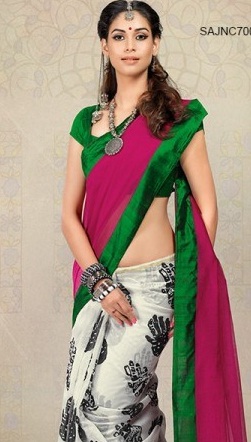 Magenta og hvid Chanderi Silk Saree