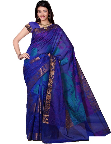 Dybblå bomuldssilke Chanderi Saree