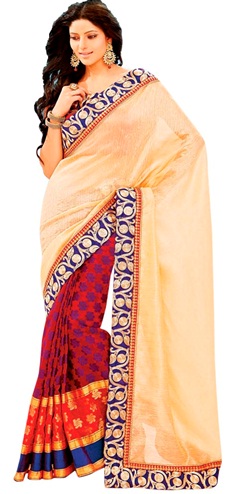 Rød og beige Chanderi Saree med gyldent broderi