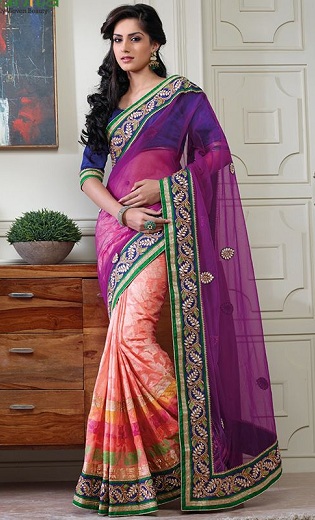 Lyserød og ferskenfarve Net Chanderi Saree Med Patch Works