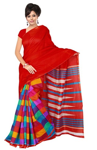 Pirosan nyomtatott Chanderi ellenőrzi Saree -t