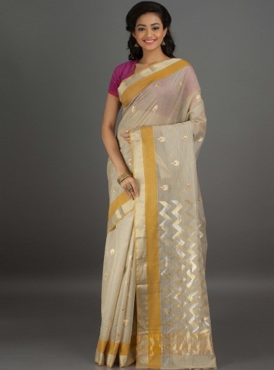 Krém Chanderi Cotton Saree