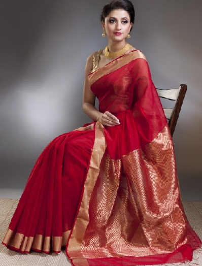 Rød silke bomuld Chanderi Saree med gylden kant