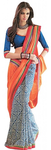 Orange og hvid Chanderi Silk Designer Saree