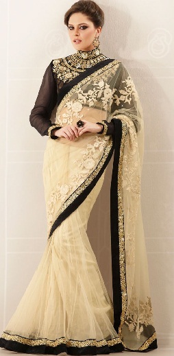 5. Creme designer net saree broderi stenarbejde