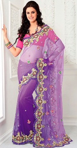 6. Unik violet net saree med stenarbejde