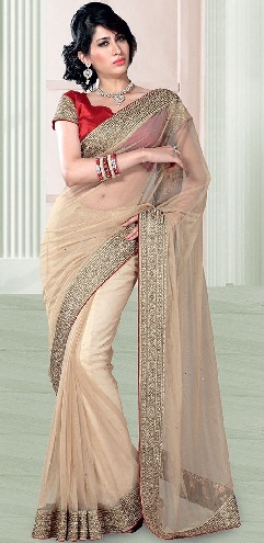 9. Krémszínű háló saree, egyszínű szegéllyel