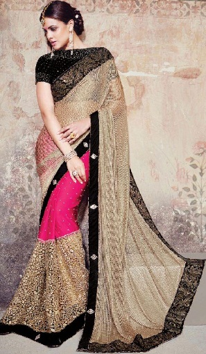 10. Stone bearbejdet beige farvet net brude saree