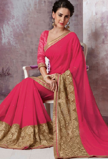 13. Rosa farvet designer chiffon og net saree