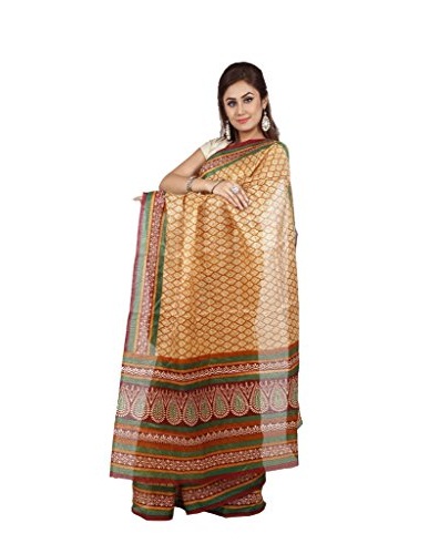 Den beige gule trykte Gadwal Saree