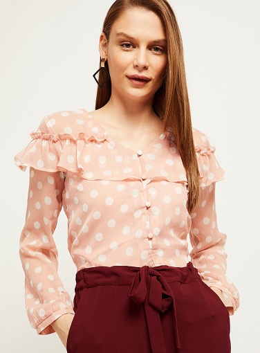 Polka Dot Shirt Style Chiffon Top