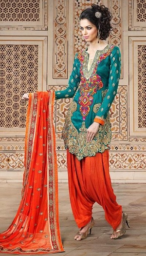 Kék és narancssárga díszes pandzsábi Salwar öltöny