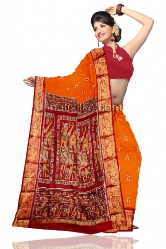 Baluchari Sarees-Narancs Baluchari Selyem Szári 13
