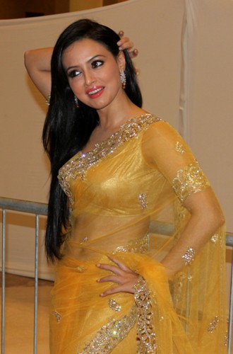 Smuk gennemsigtig gul saree