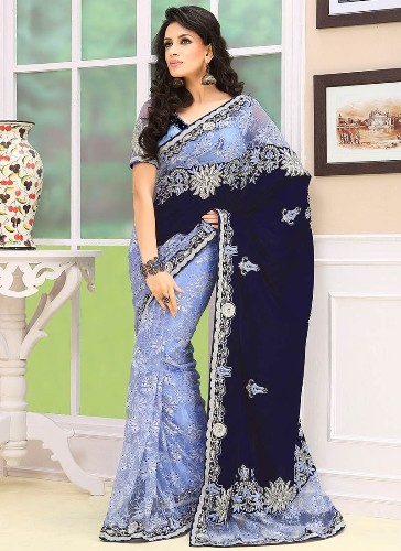 The Half Velvet And Half Light Blue Saree