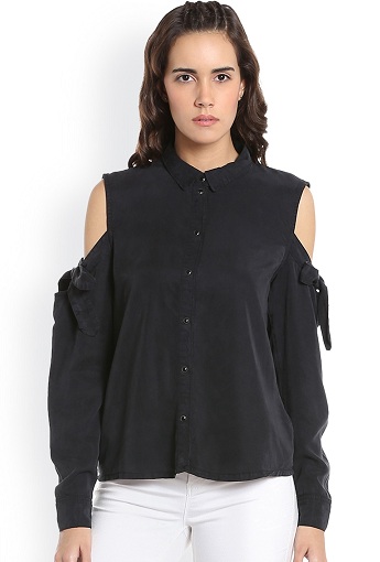 Designer Cold Shoulder Denim Shirt til Kvinder