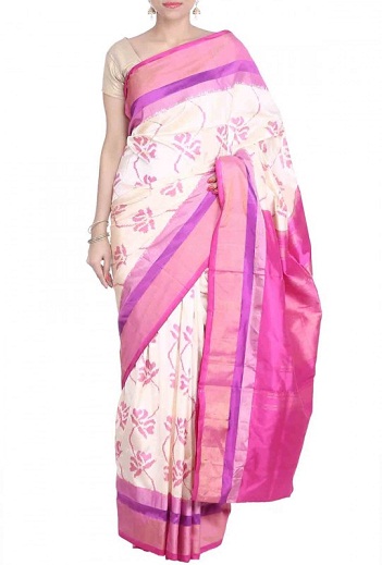 Den lyserøde og hvide Pochampally Saree