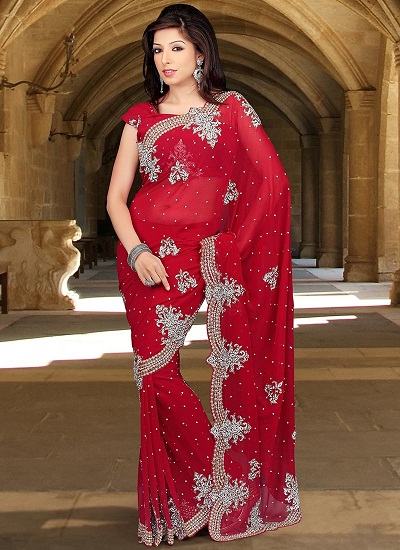 The Heavy Stone Work Red Saree