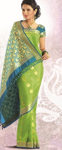 Grøn Pure Crepe Kanchipuram Silk Saree