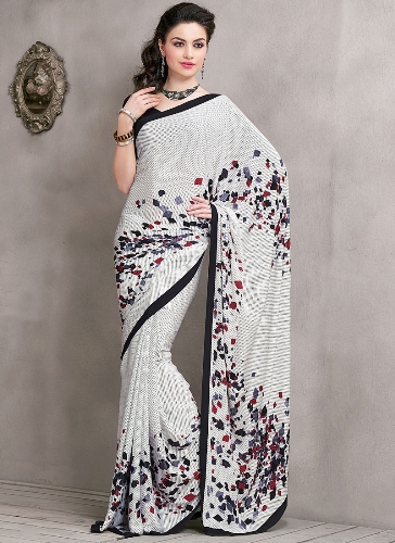 Off-White Crepe Trykt Saree