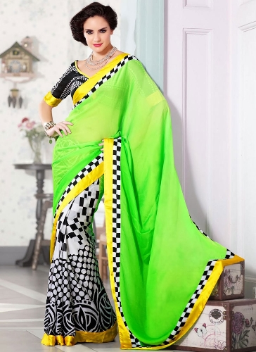 Grønhvid Faux Crepe Satin Saree