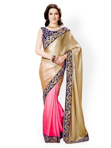 Pink og Beige Crepe halv og halv Designer Saree