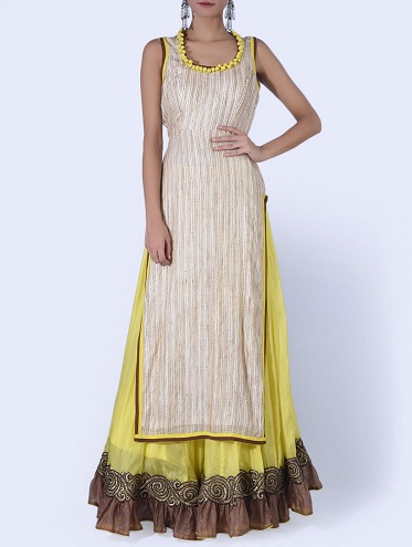 Gul og Beige Kurta og nederdel sæt