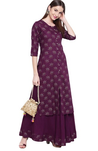 Trykt Rayon Kurti med nederdel