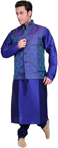 Blå Kurta pyjama og lilla brokadejakke