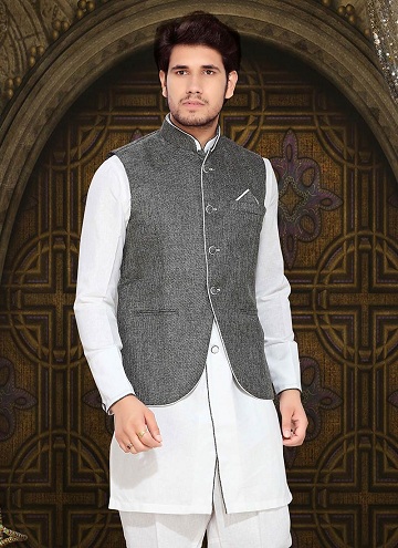 Hvid Kurta pyjama med grå jakke