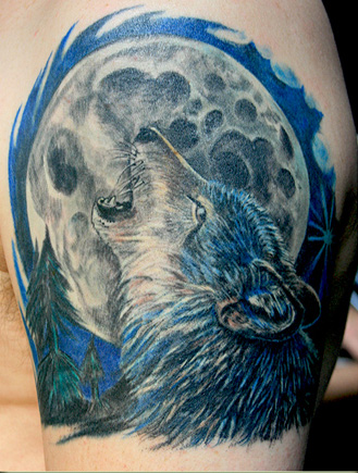 Moon with Wolf Tattoo Half Sleeve Design
