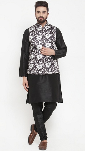 Sort Kurta -pyjama med Nehru -jakke