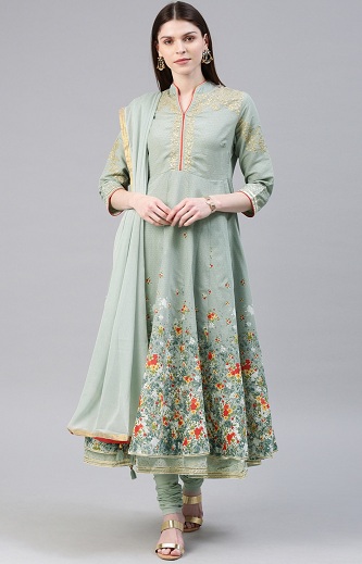 Blomstret grøn Anarkali Churidar