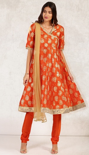 Orange blokprint Anarkali Churidar