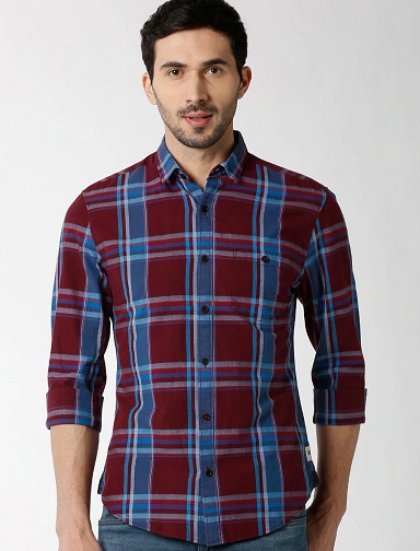 Peter England Maroon And Blue Checks Shirt til mænd