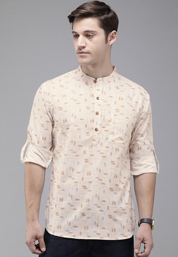 Blå og Beige trykt Kurta skjorte